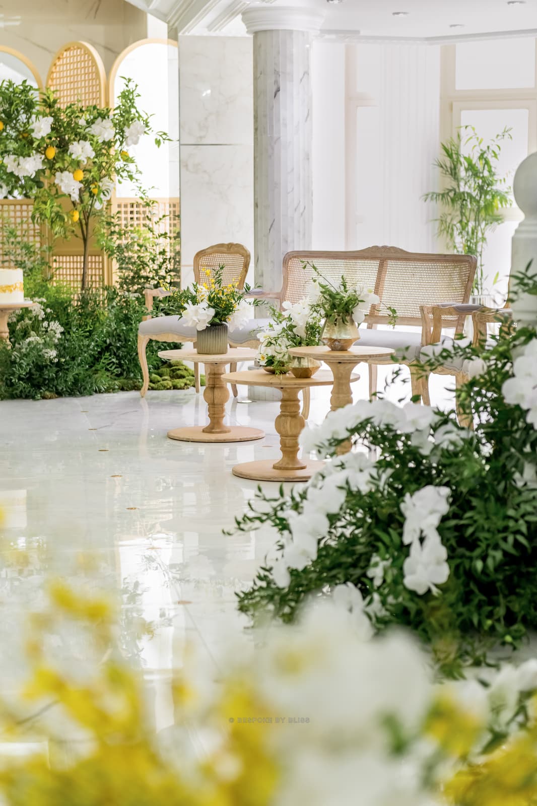 Lounge furniture styling in white, green and yellow