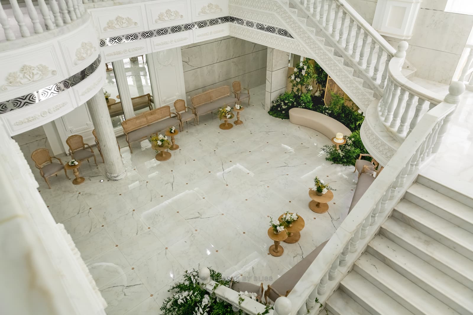 Full room view in white, beige and green