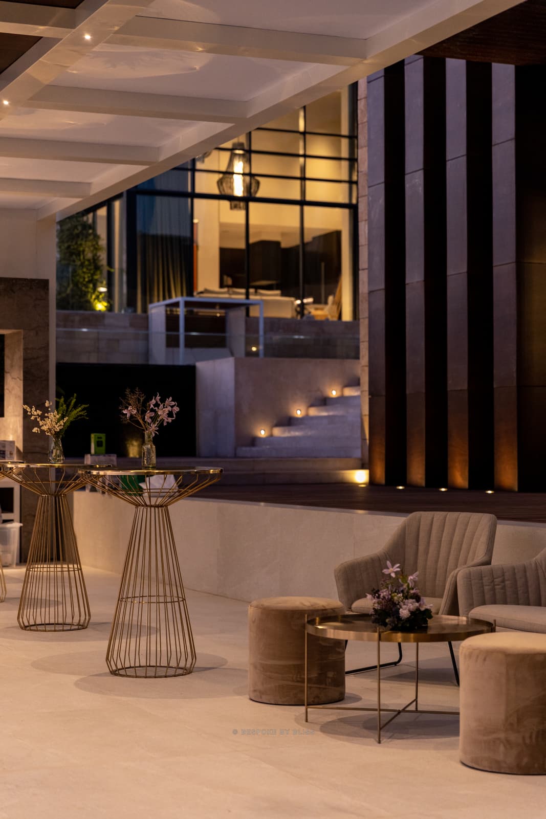 Lounge furniture styling in gold, taupe and white
