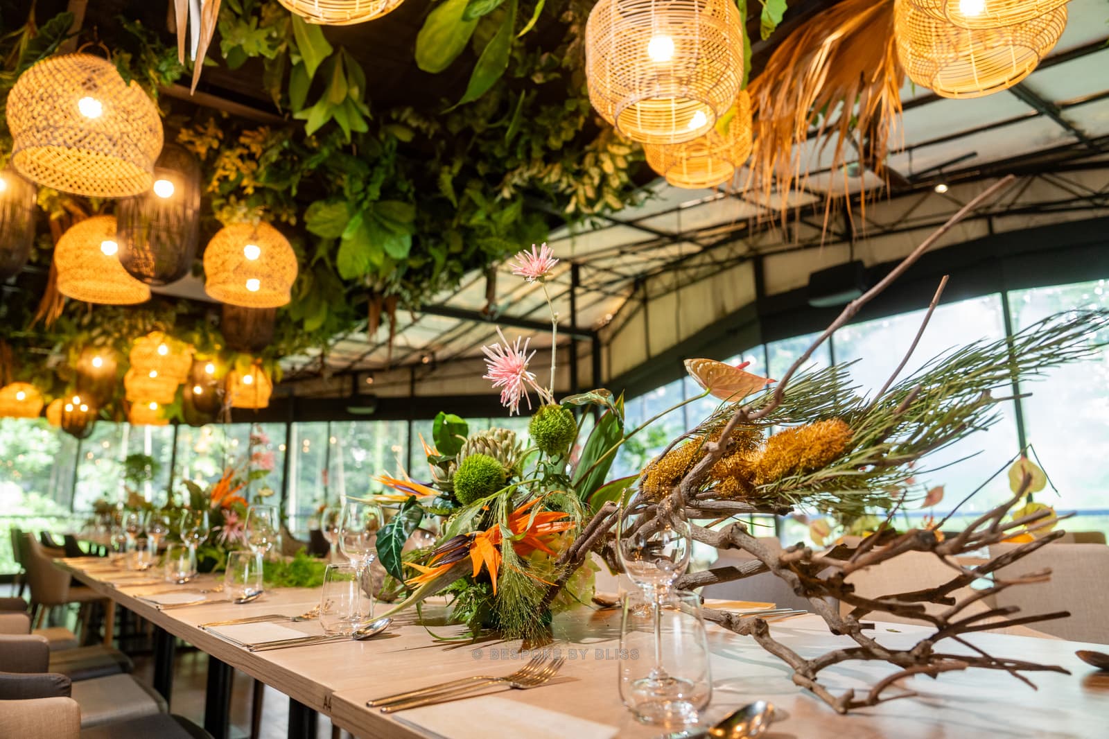 Hanging installation in amber, green and orange