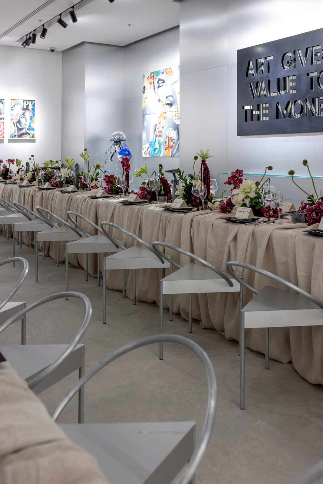 Full room view in white, silver and burgundy