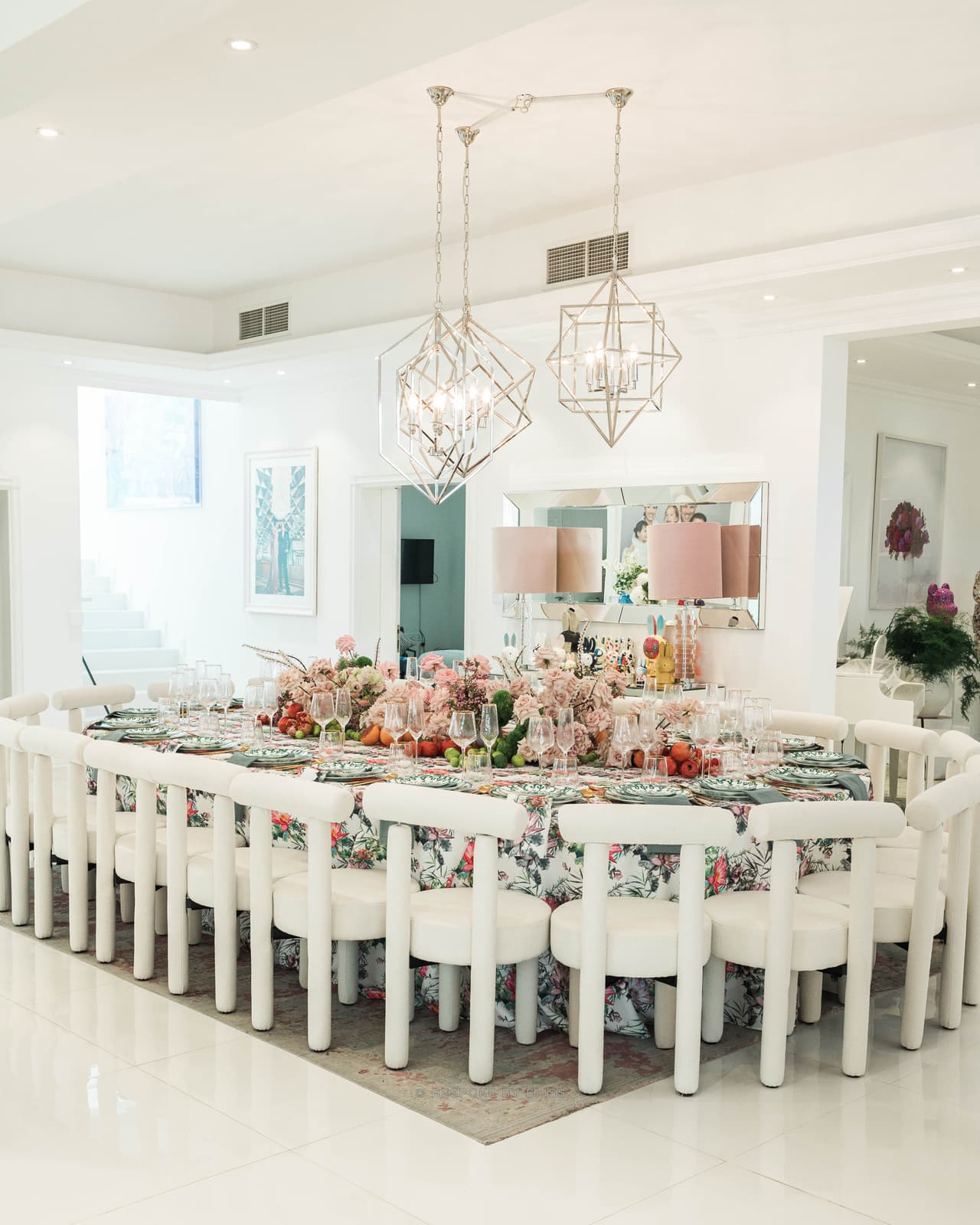 Full room view in blush, green and white