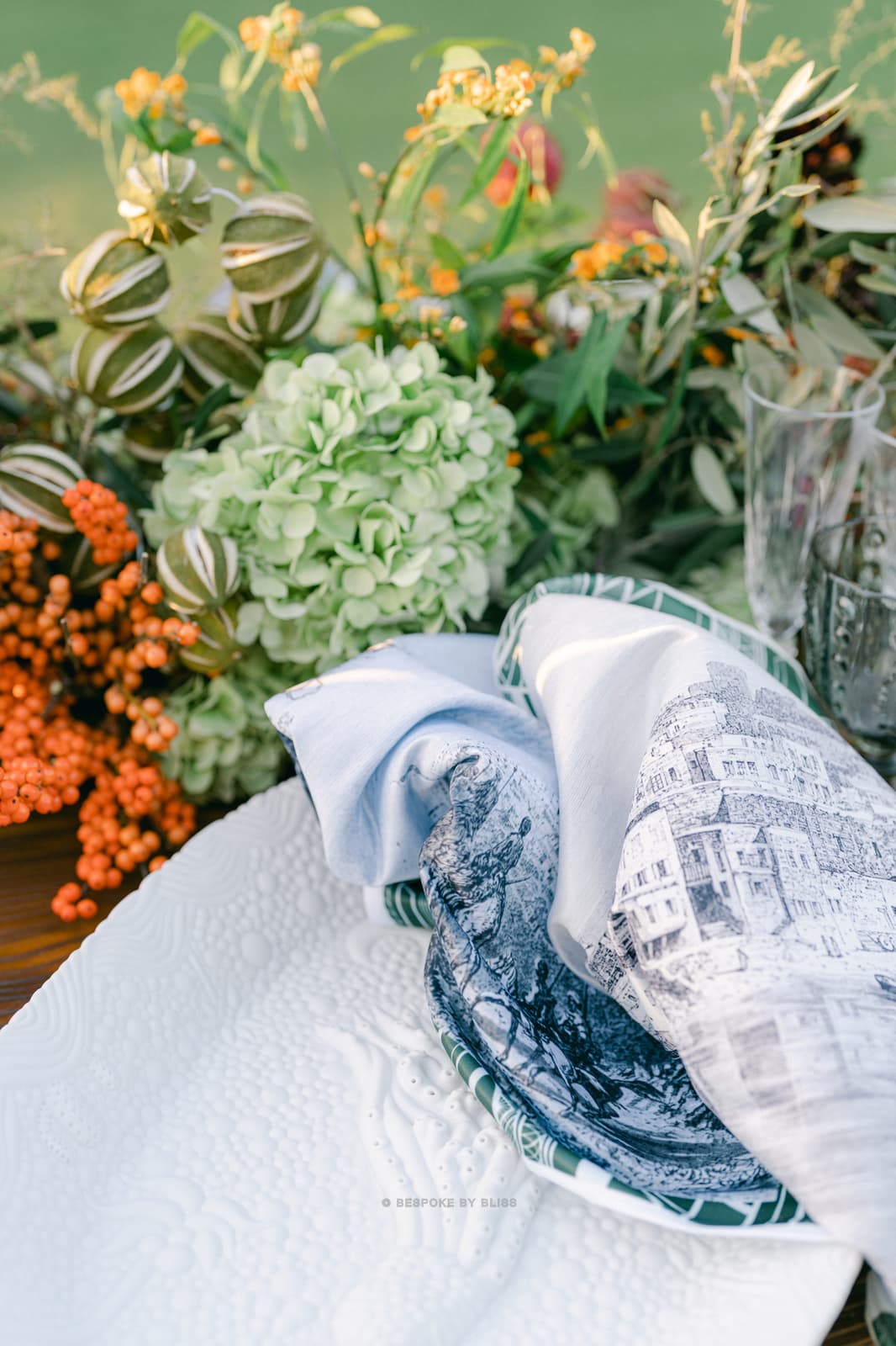 Table setting detail in white, navy and green