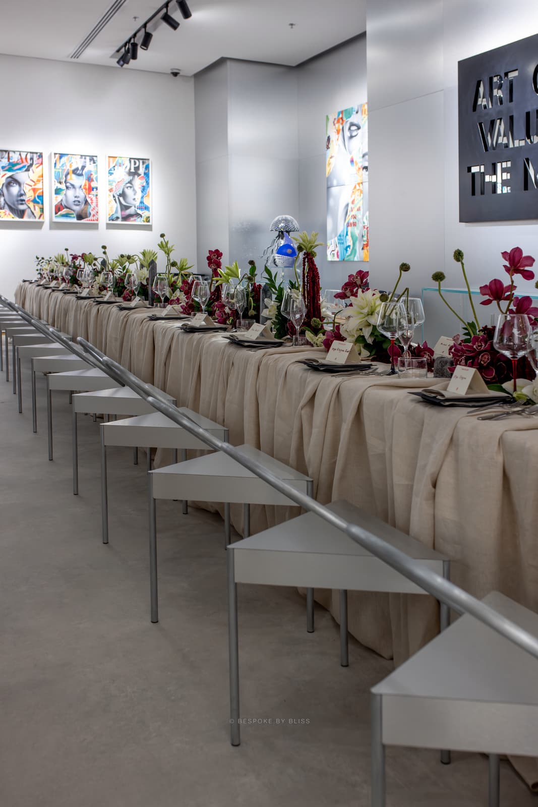 Full room view in linen, silver and burgundy
