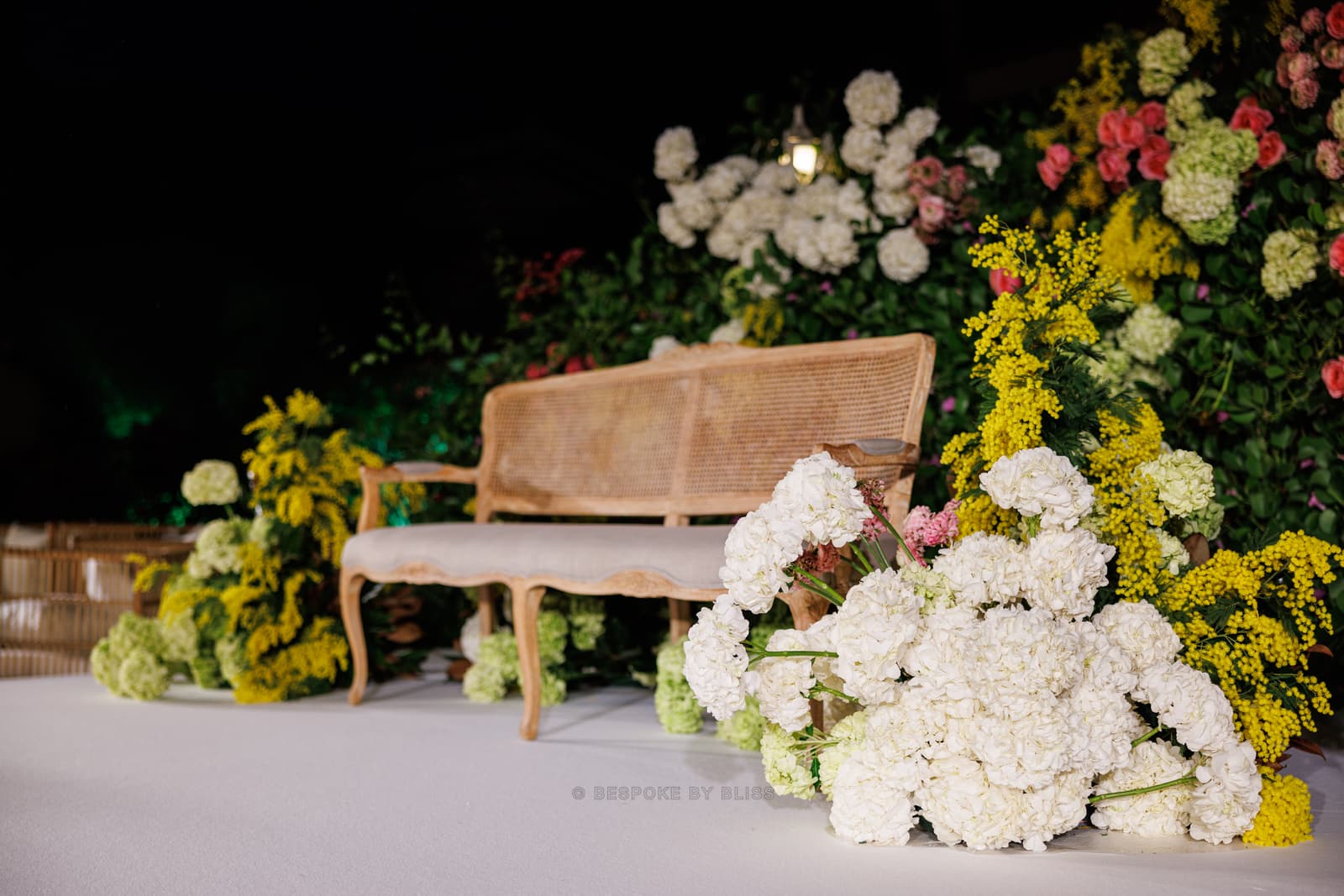Floral wall or arch in white, yellow and green