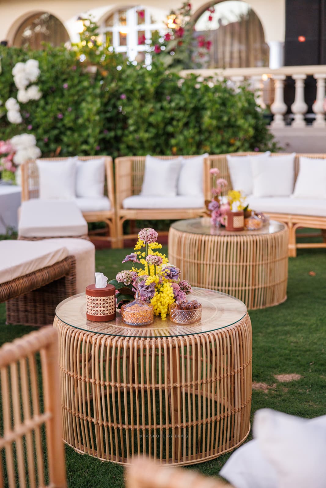 Lounge furniture styling in rattan, white and yellow